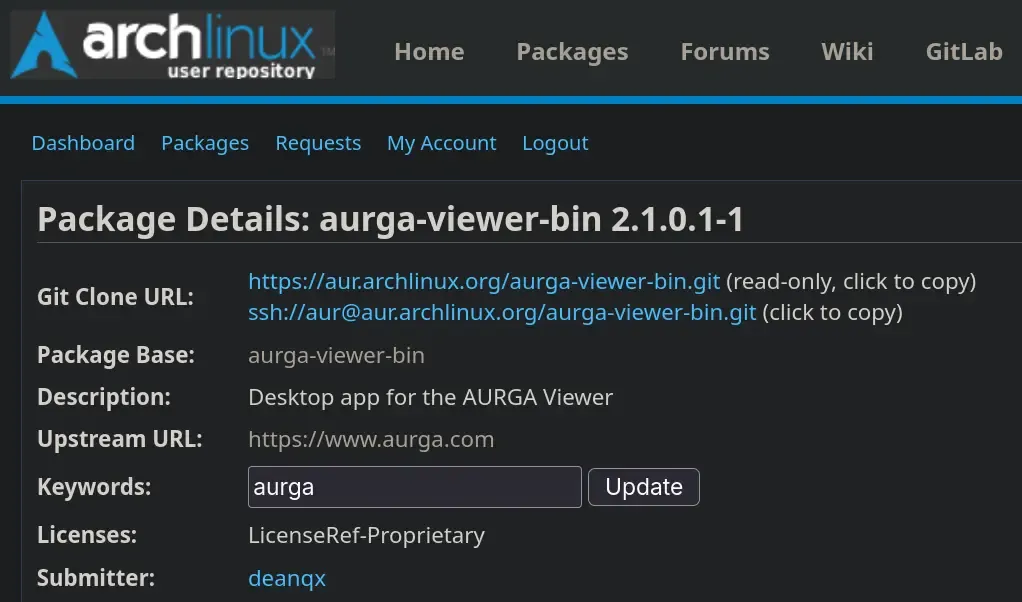 Arch user repository page showing the package